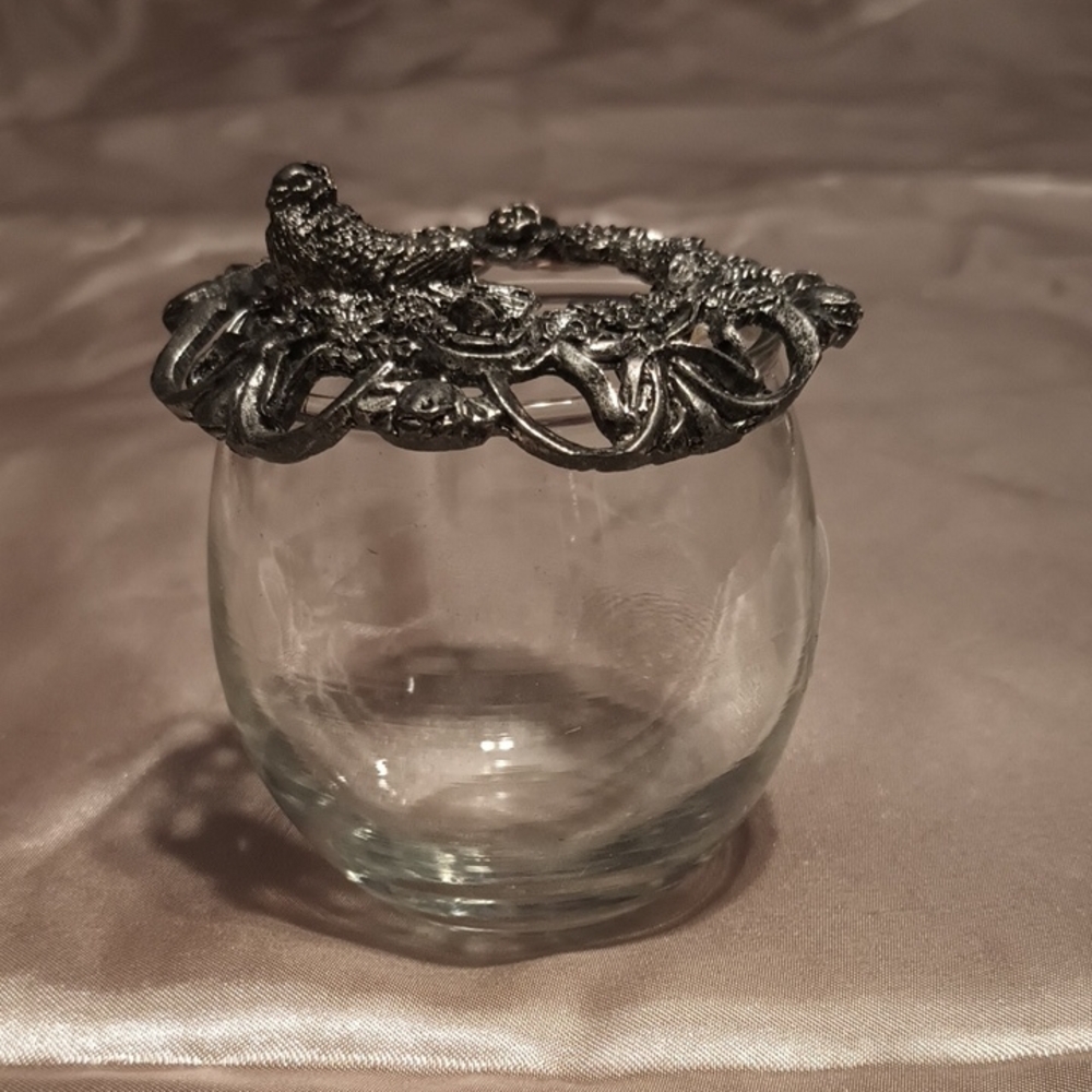 Decorative Glass Jar with Bird and Flowers Silver Metal Lid